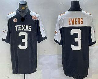 T.Longhorns #3 Quinn Ewers Black White 100TH FUSE Stitched American College Jerseys - Main View