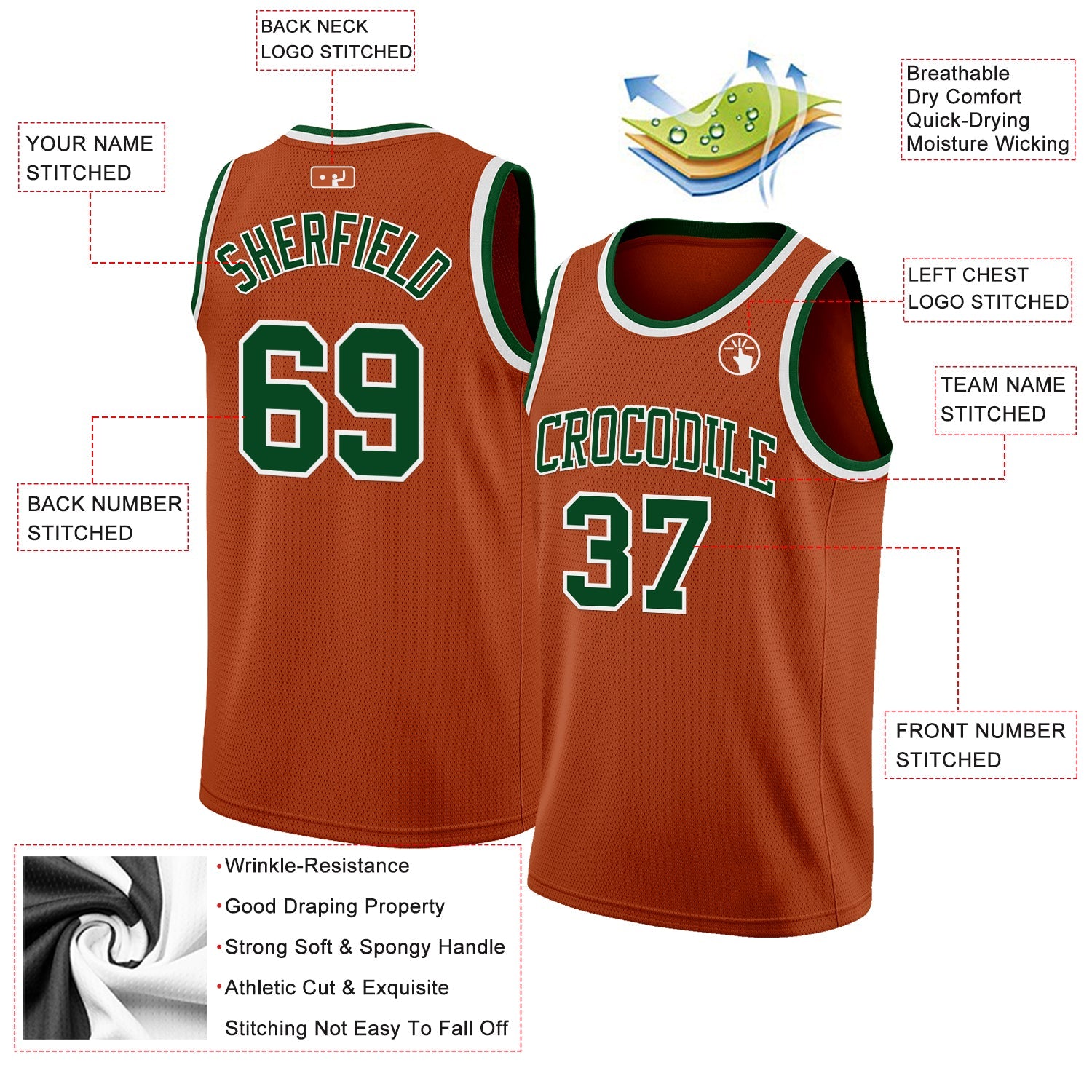 Custom Texas Orange Green-White Authentic Basketball Jersey view 2