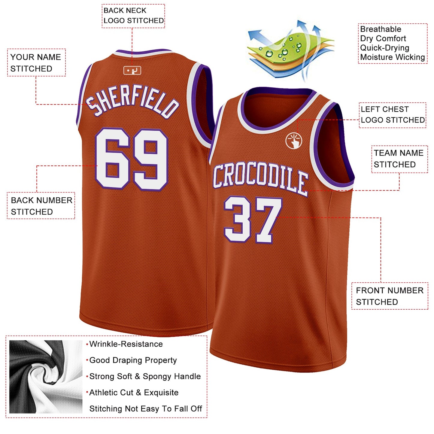 Custom Texas Orange White-Purple Authentic Basketball Jersey view 2