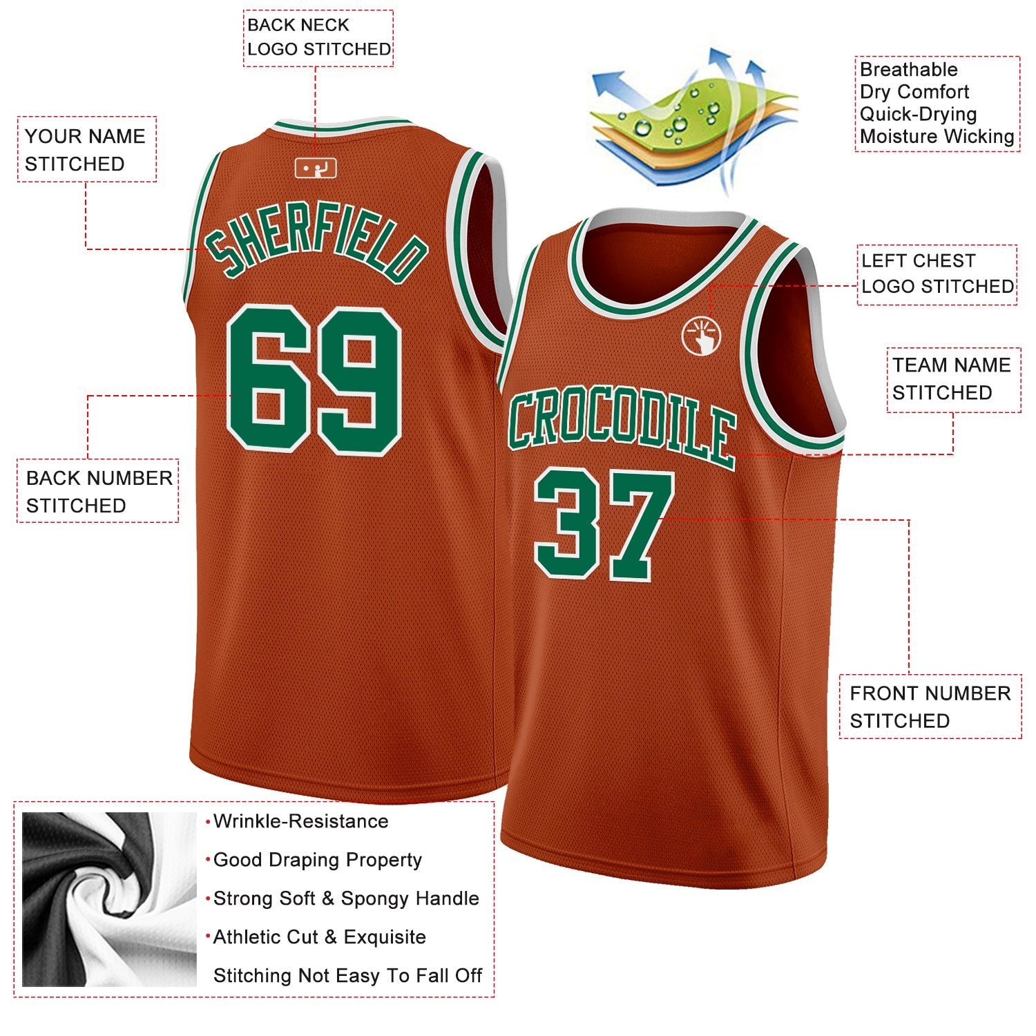 Custom Texas Orange Kelly Green-White Authentic Basketball Jersey view 2