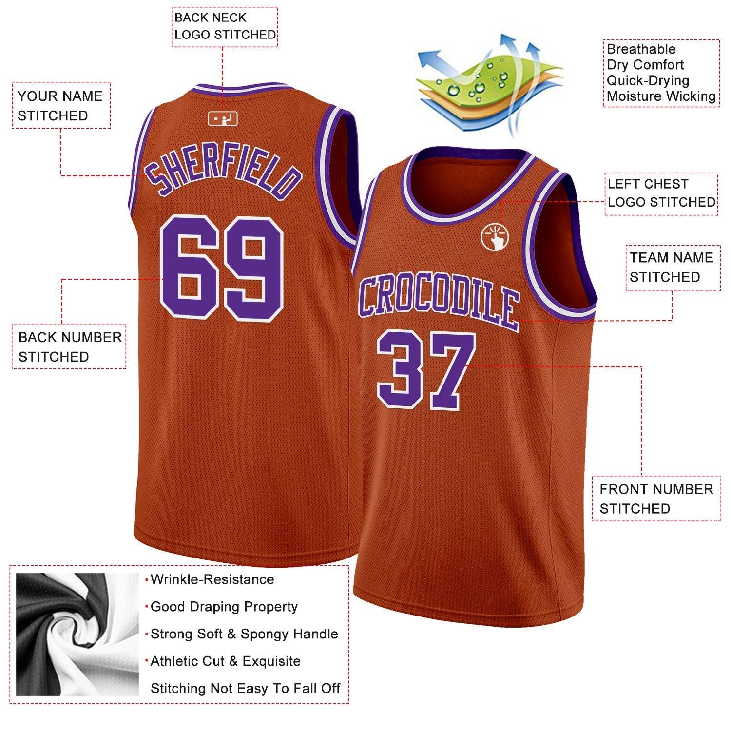 Custom Texas Orange Purple-White Authentic Basketball Jersey view 2