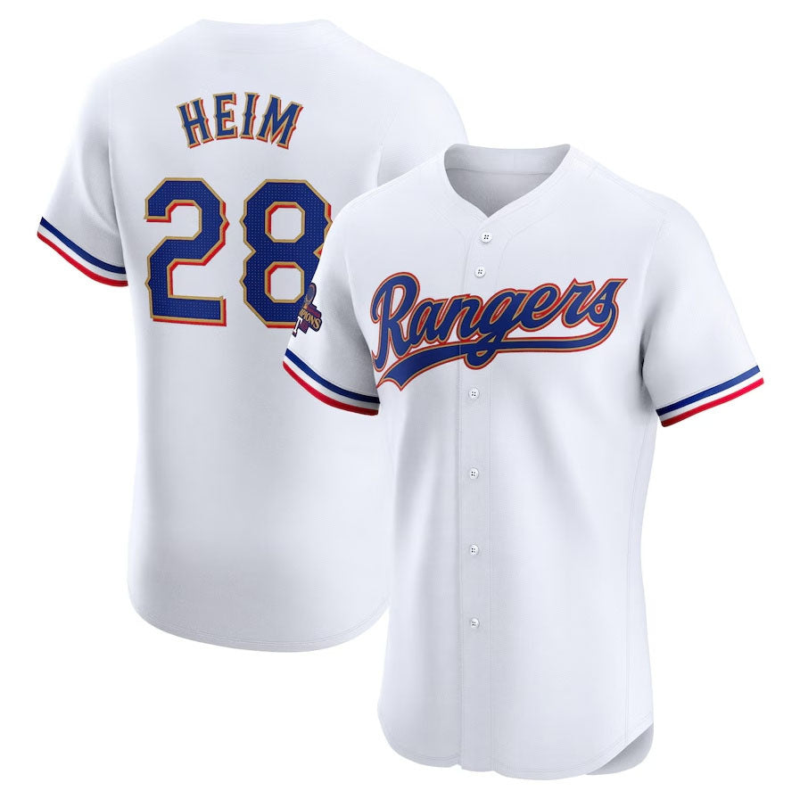 Texas Rangers #28 Jonah Heim 2024 Gold Collection Elite Player Jersey – White Baseball Jerseys - Main View