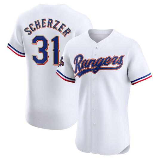 Texas Rangers #31 Max Scherzer 2024 Gold Collection Elite Player Jersey – White Baseball Jerseys - Main View