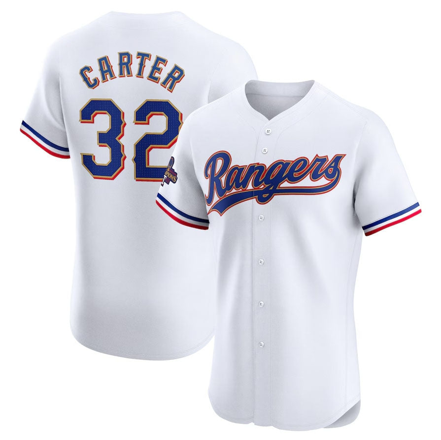 Texas Rangers #32 Evan Carter 2024 Gold Collection Elite Player Jersey – White Baseball Jerseys - Main View