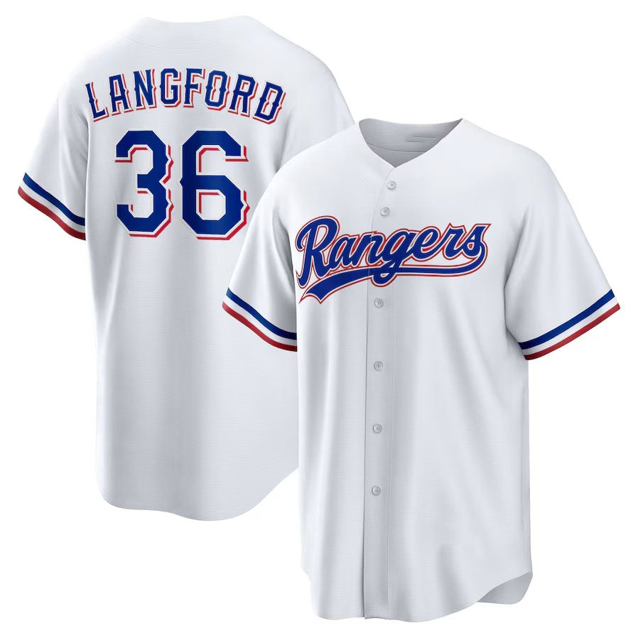 Texas Rangers #36 Wyatt Langford Home Replica Jersey - White Stitched Baseball Jersey - Main View