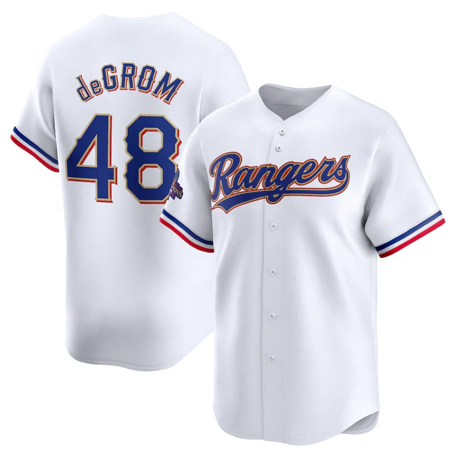Texas Rangers #48 Jacob deGrom 2024 Gold Collection Limited Player Jersey – White Baseball Jerseys - Main View