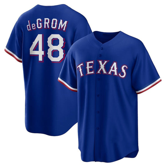 Texas Rangers #48 Jacob deGrom Away Replica Player Jersey - Royal Stitched Baseball Jersey - Main View