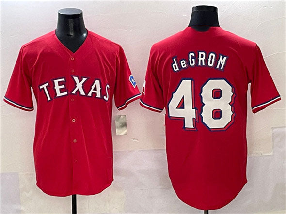 Texas Rangers #48 Jacob deGrom Red With Patch Cool Base Stitched Baseball Jersey - Main View