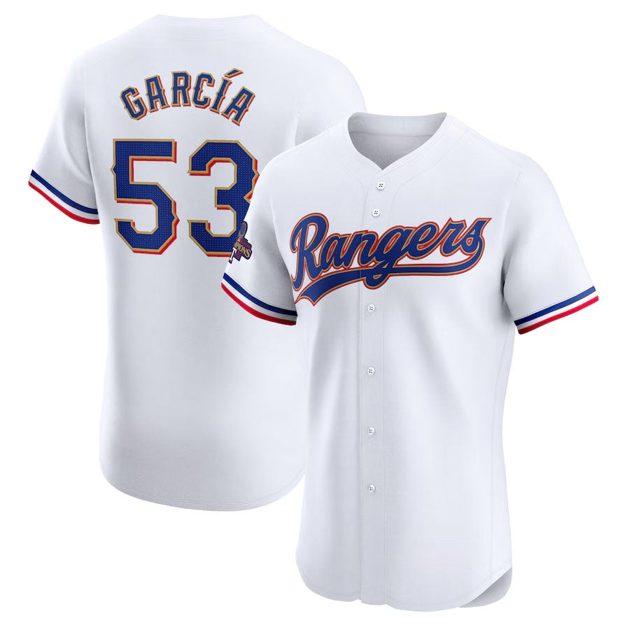 Texas Rangers #53 Adolis Garcia 2024 Gold Collection Elite Player Jersey  White Baseball Jerseys