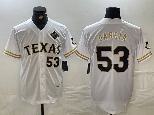 Texas Rangers #53 Adolis Garcia Number White Gold Cool Base Stitched Baseball Jersey - Main View