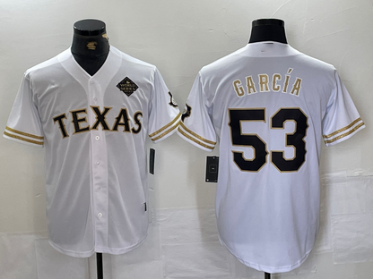 Texas Rangers #53 Adolis Garcia White Gold Cool Base Stitched Baseball Jersey - Main View
