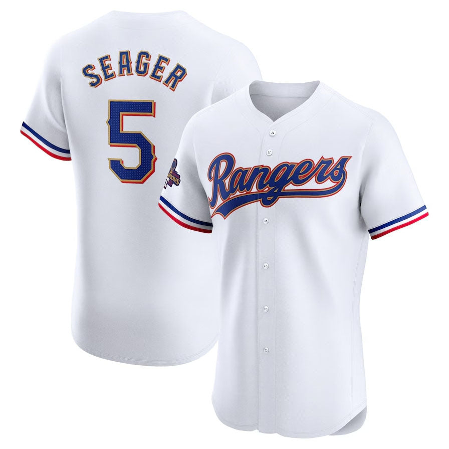 Texas Rangers #5 Corey Seager 2024 Gold Collection Elite Player Jersey – White Baseball Jerseys - Main View