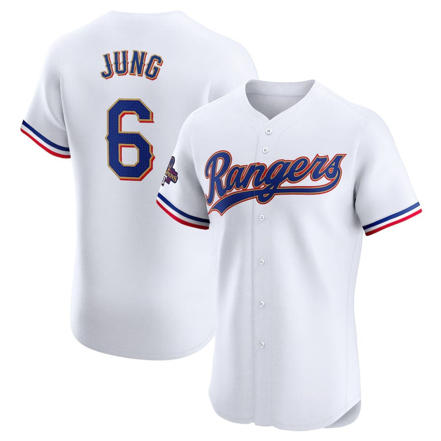 Texas Rangers #6 Josh Jung 2024 Gold Collection Elite Player Jersey – White Baseball Jerseys - Main View