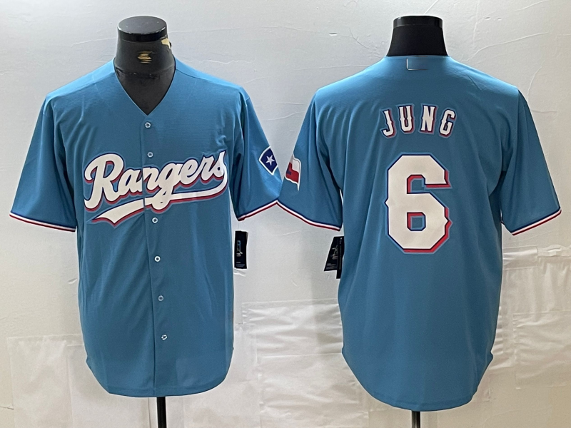 Texas Rangers #6 Josh Jung Light Blue Team Logo Cool Base Baseball Jersey - Main View