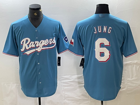 Texas Rangers #6 Josh Jung Light Blue Team Logo Cool Base Baseball Jersey - Main View