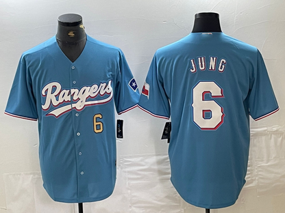 Texas Rangers #6 Josh Jung Number Light Blue Team Logo Cool Base Baseball Jersey - Main View