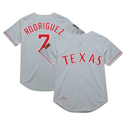 Texas Rangers #7 Ivan Rodriguez Mitchell & Ness 1994 Cooperstown Collection Authentic Dark Jersey - Gray Baseball Jerseys - Main View