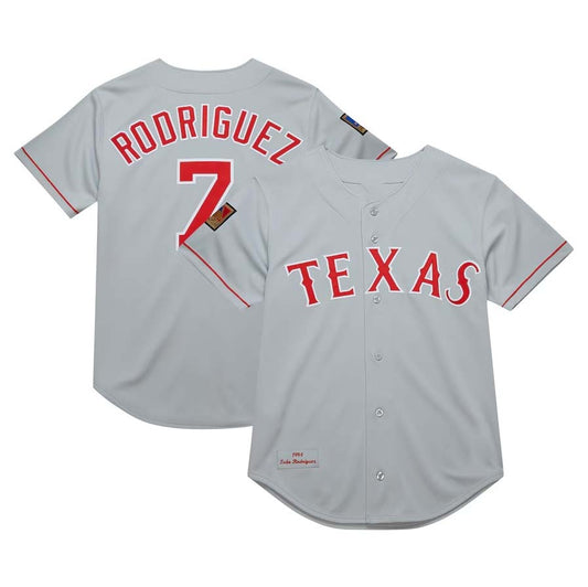 Texas Rangers #7 Ivan Rodriguez Mitchell & Ness 1994 Cooperstown Collection Authentic Dark Jersey - Gray Baseball Jerseys - Main View
