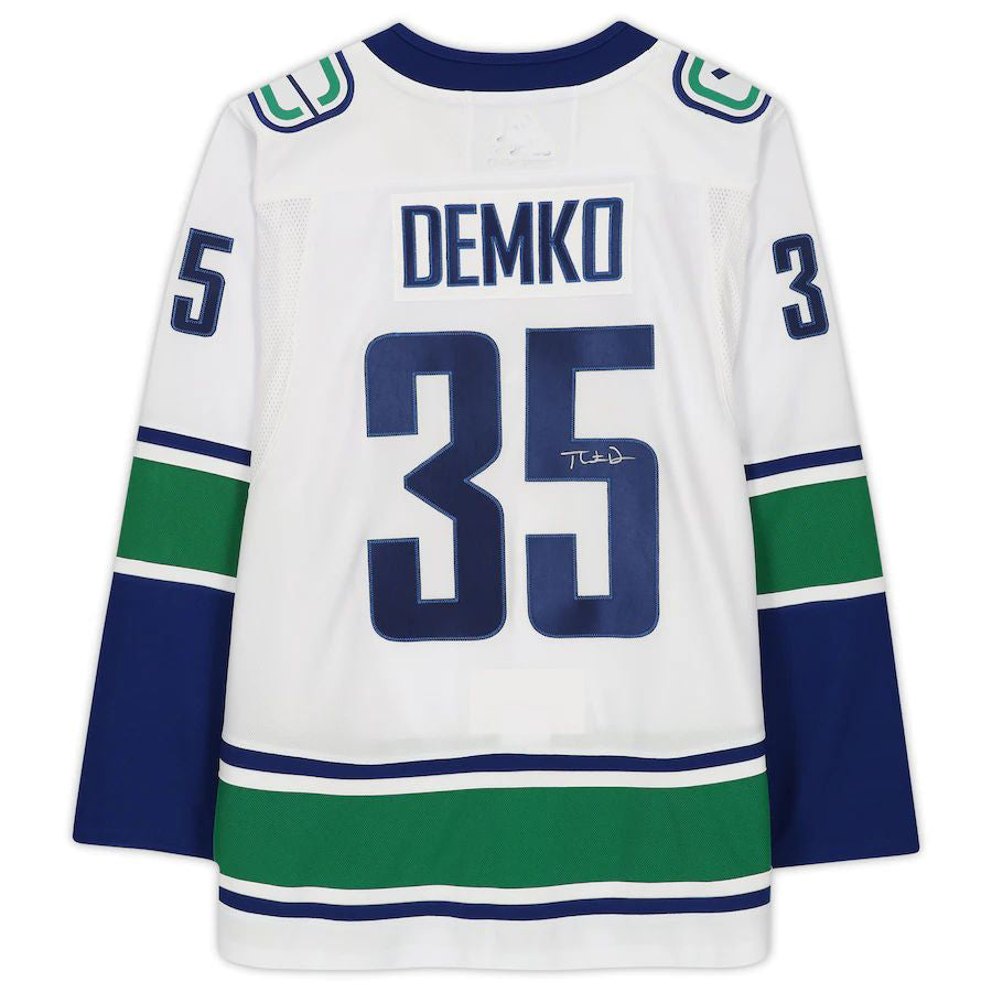 V.Canucks #35 Thatcher Demko Fanatics Authentic Autographed White Jersey Stitched American Hockey Jerseys - Main View
