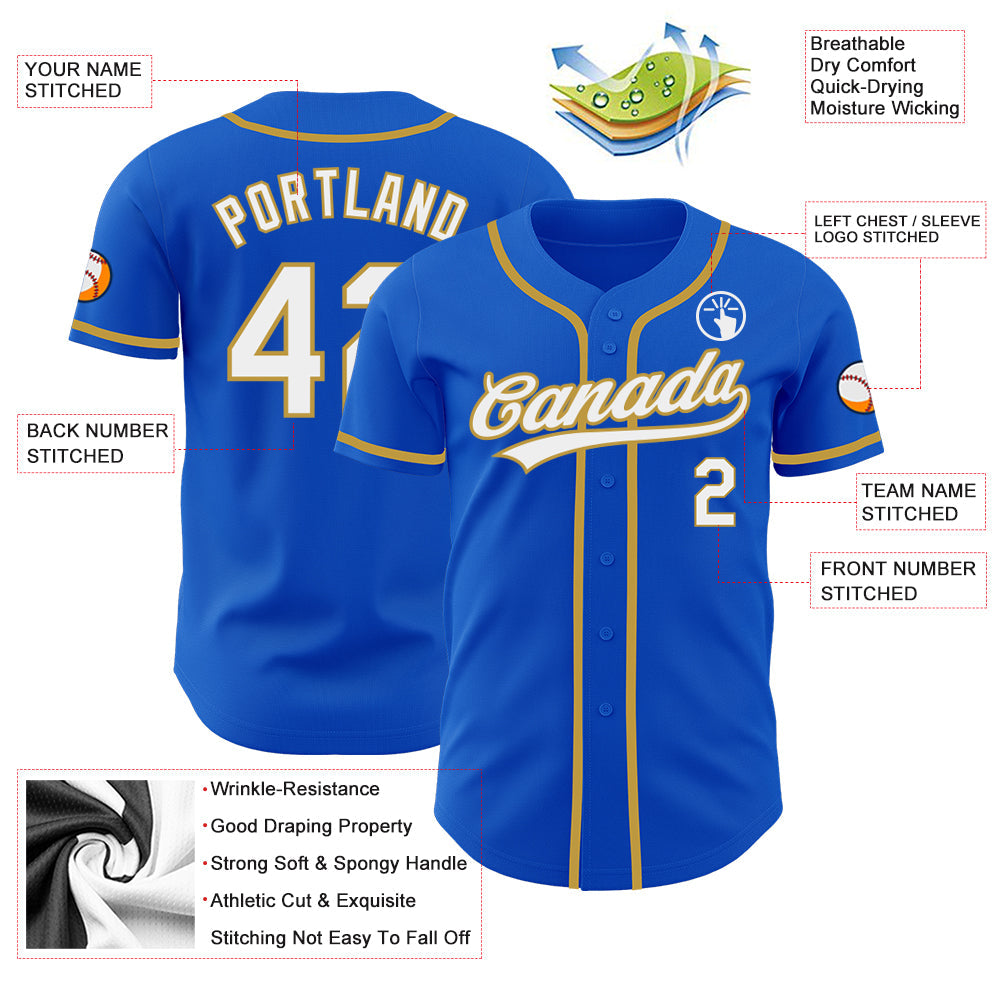 Custom Thunder Blue White-Old Gold Authentic Baseball Jersey view 3