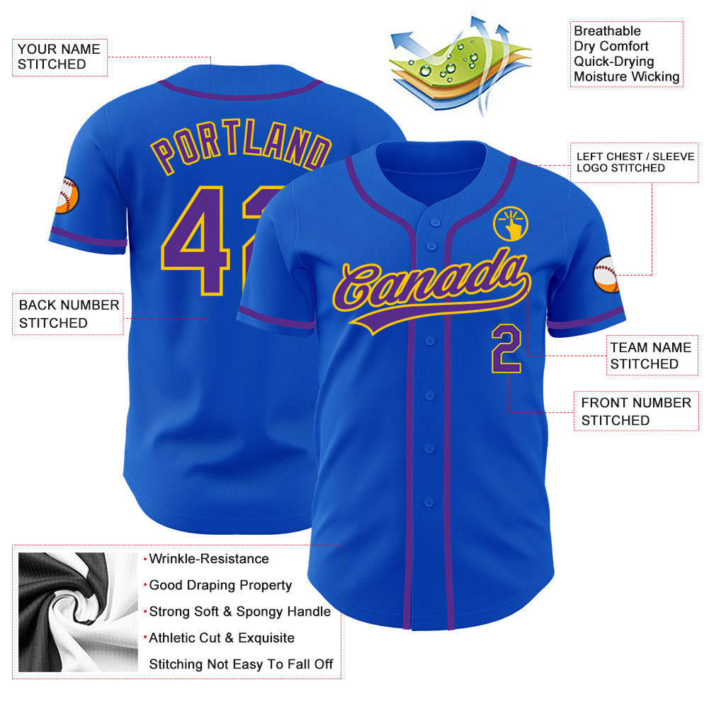 Custom Thunder Blue Purple-Yellow Authentic Baseball Jersey view 3