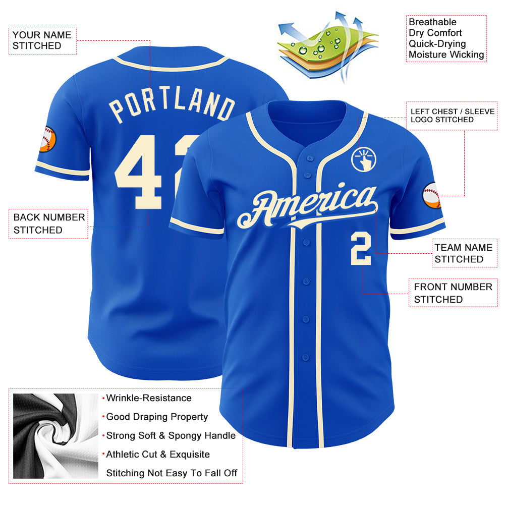 Custom Thunder Blue Cream Authentic Baseball Jersey view 3