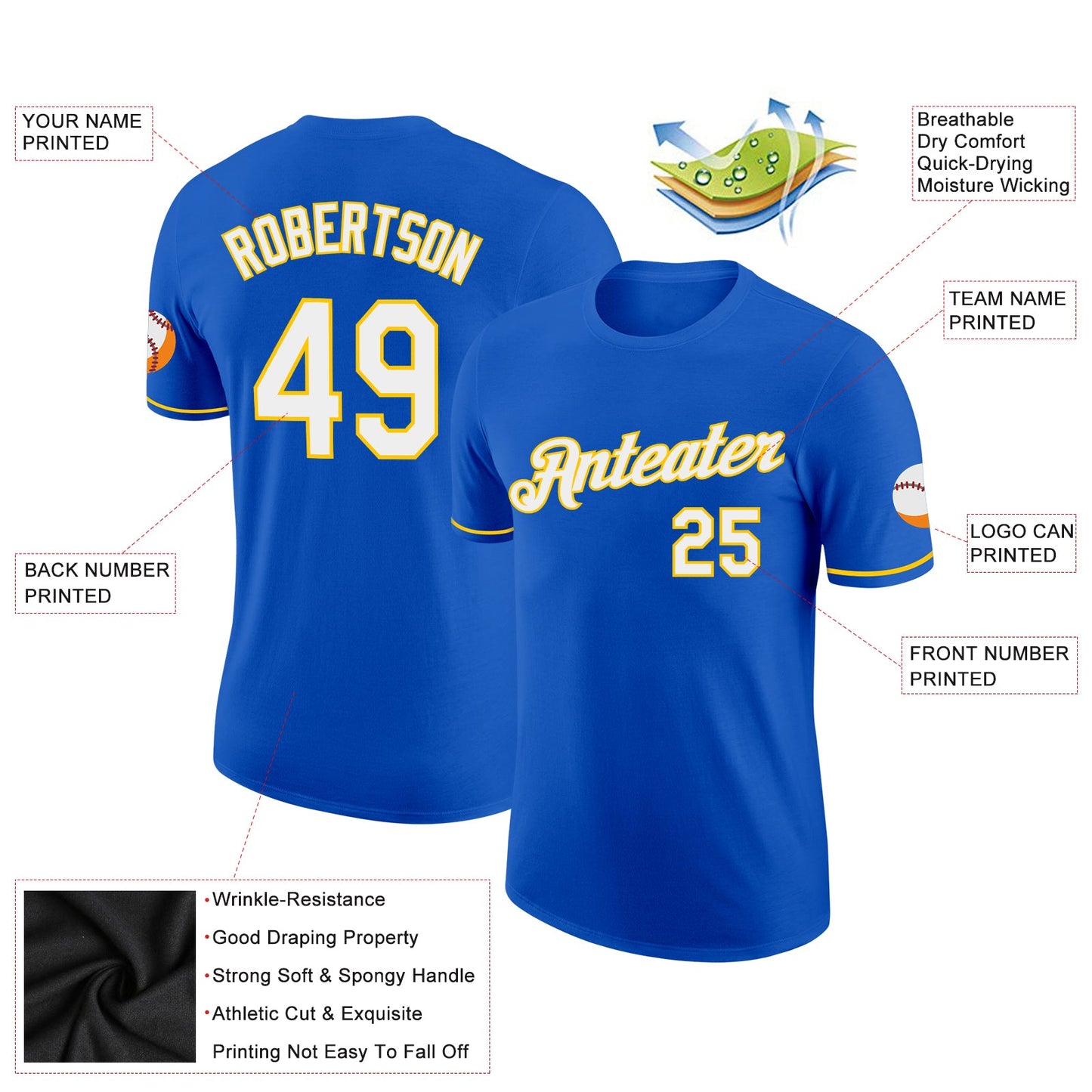 Custom Thunder Blue White-Yellow Performance T-Shirt view 2