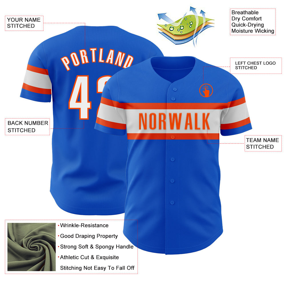 Custom Thunder Blue White-Orange Authentic Baseball Jersey view 3