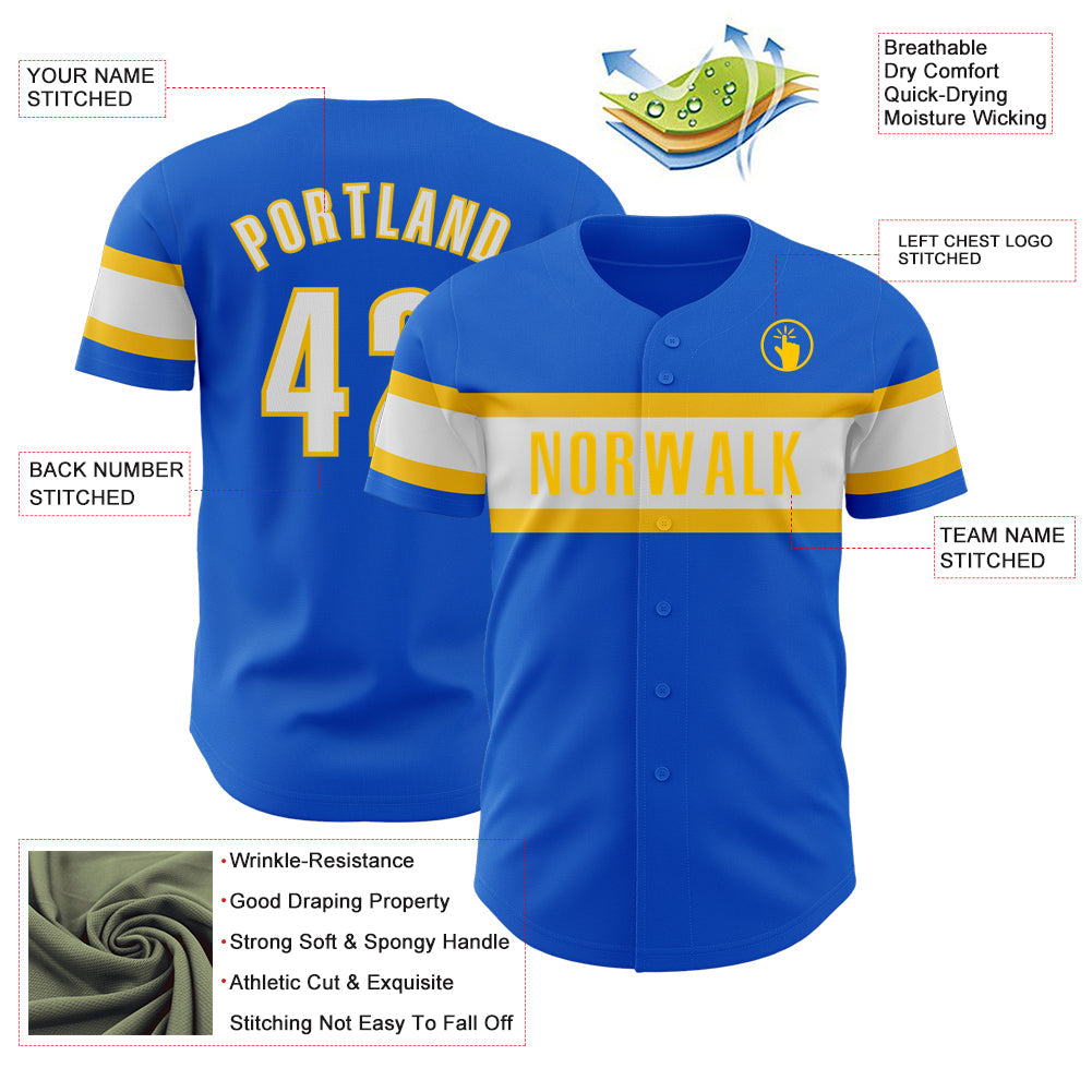 Custom Thunder Blue White-Yellow Authentic Baseball Jersey view 3