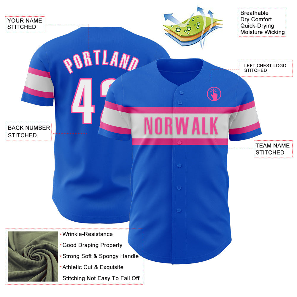 Custom Thunder Blue White-Pink Authentic Baseball Jersey view 3