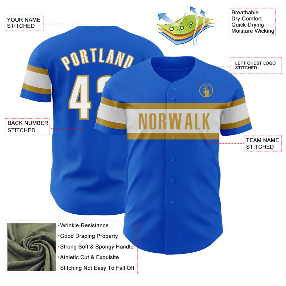 Custom Thunder Blue White-Old Gold Authentic Baseball Jersey view 3