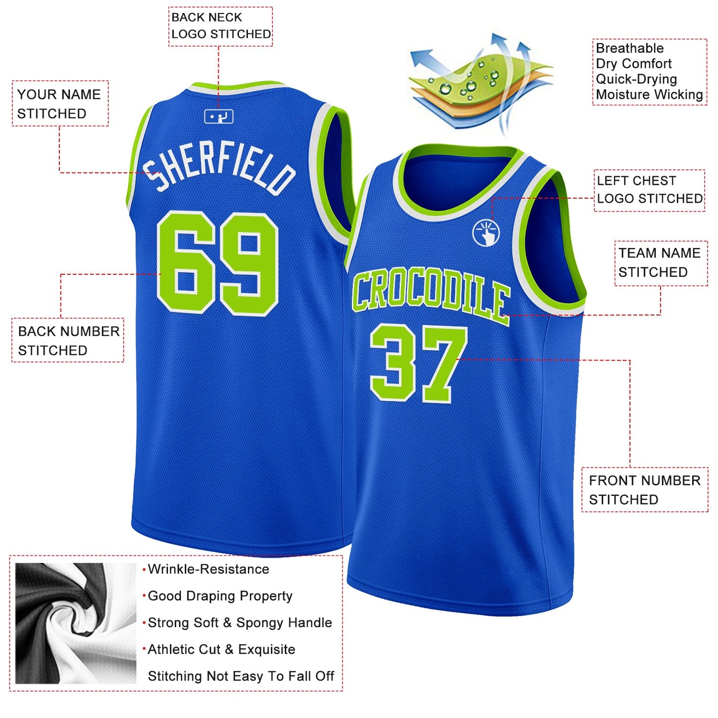Custom Thunder Blue Neon Green-White Authentic Basketball Jersey view 2