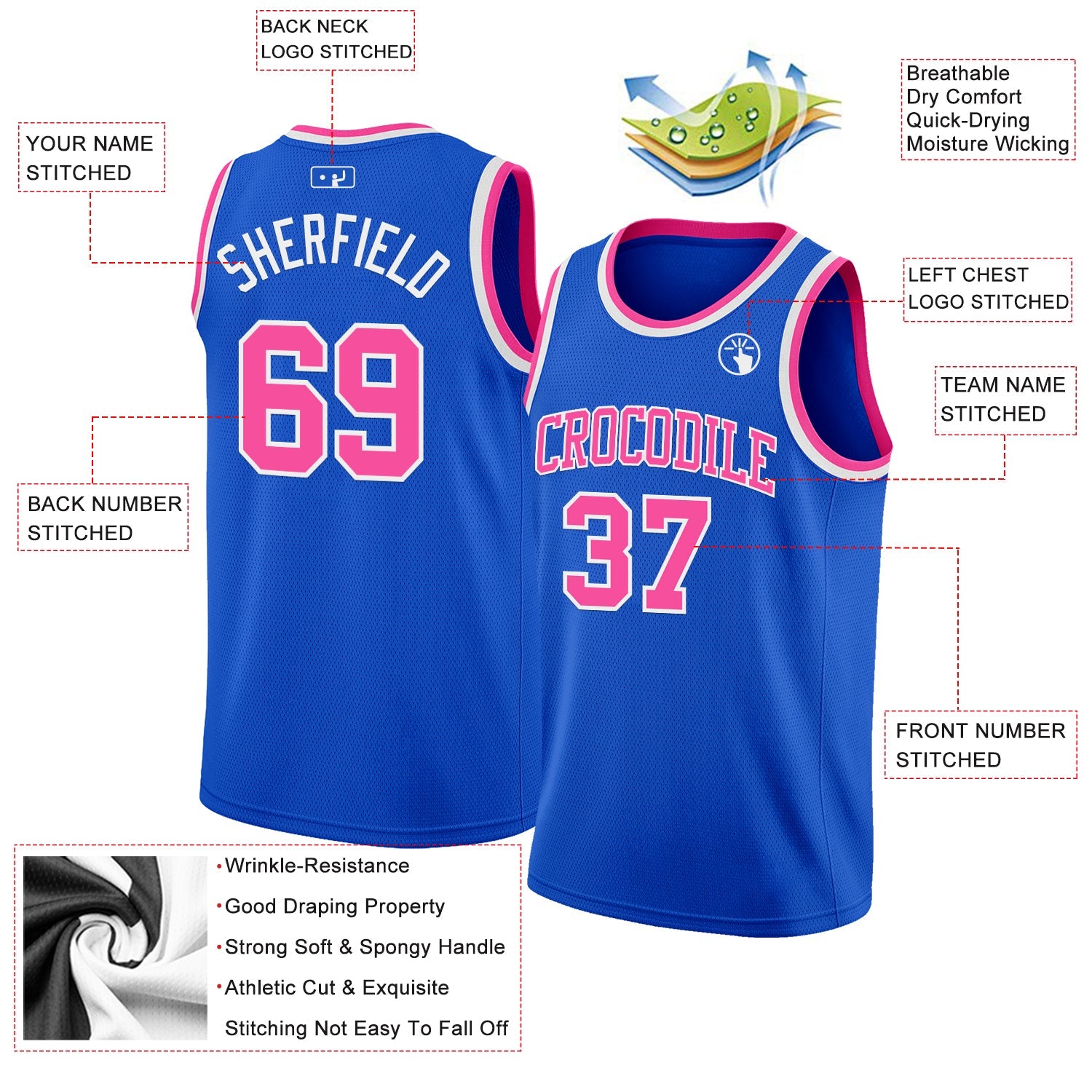 Custom Thunder Blue Pink-White Authentic Basketball Jersey view 2