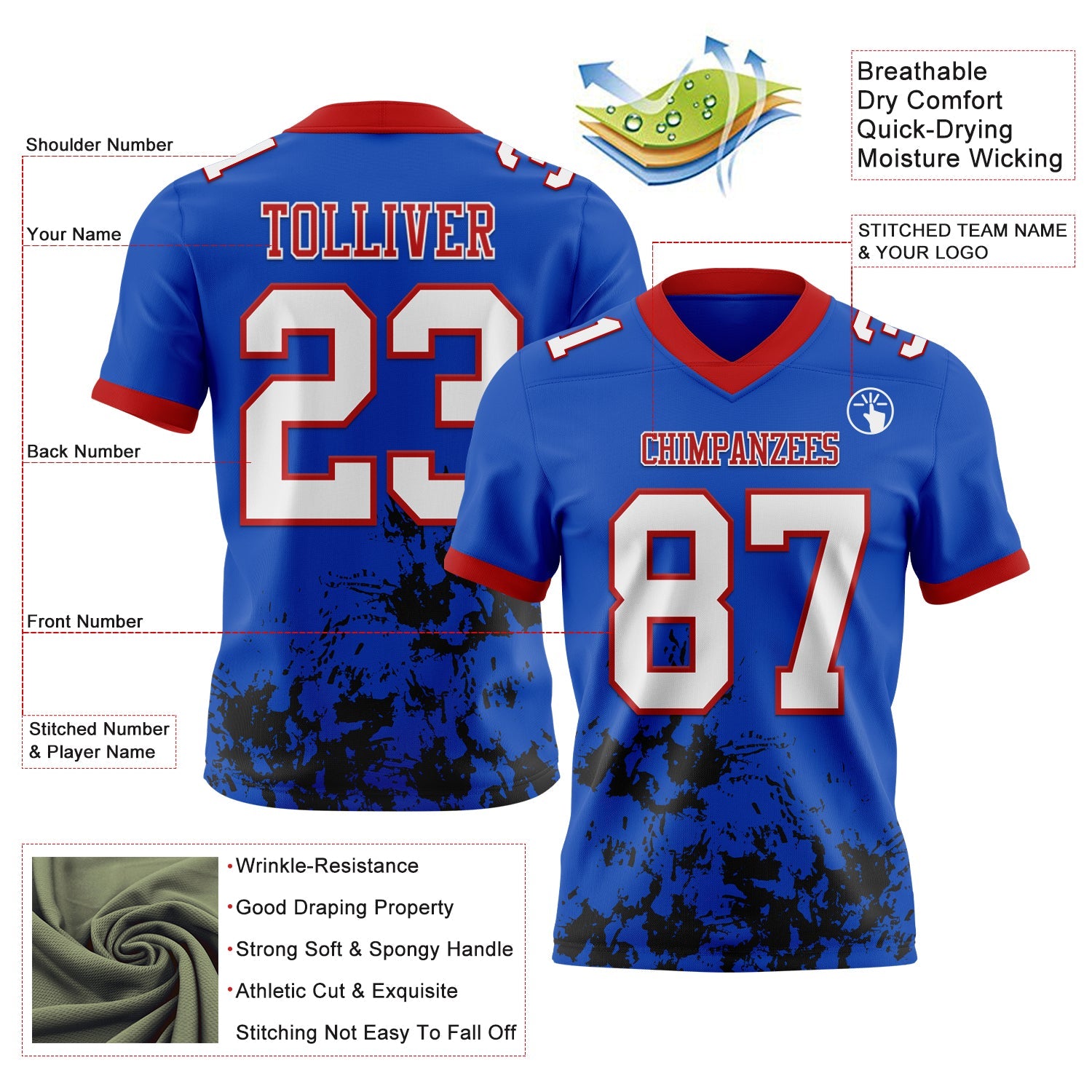 Custom Thunder Blue White Black-Red 3D Pattern Splash Authentic Football Jersey view 3