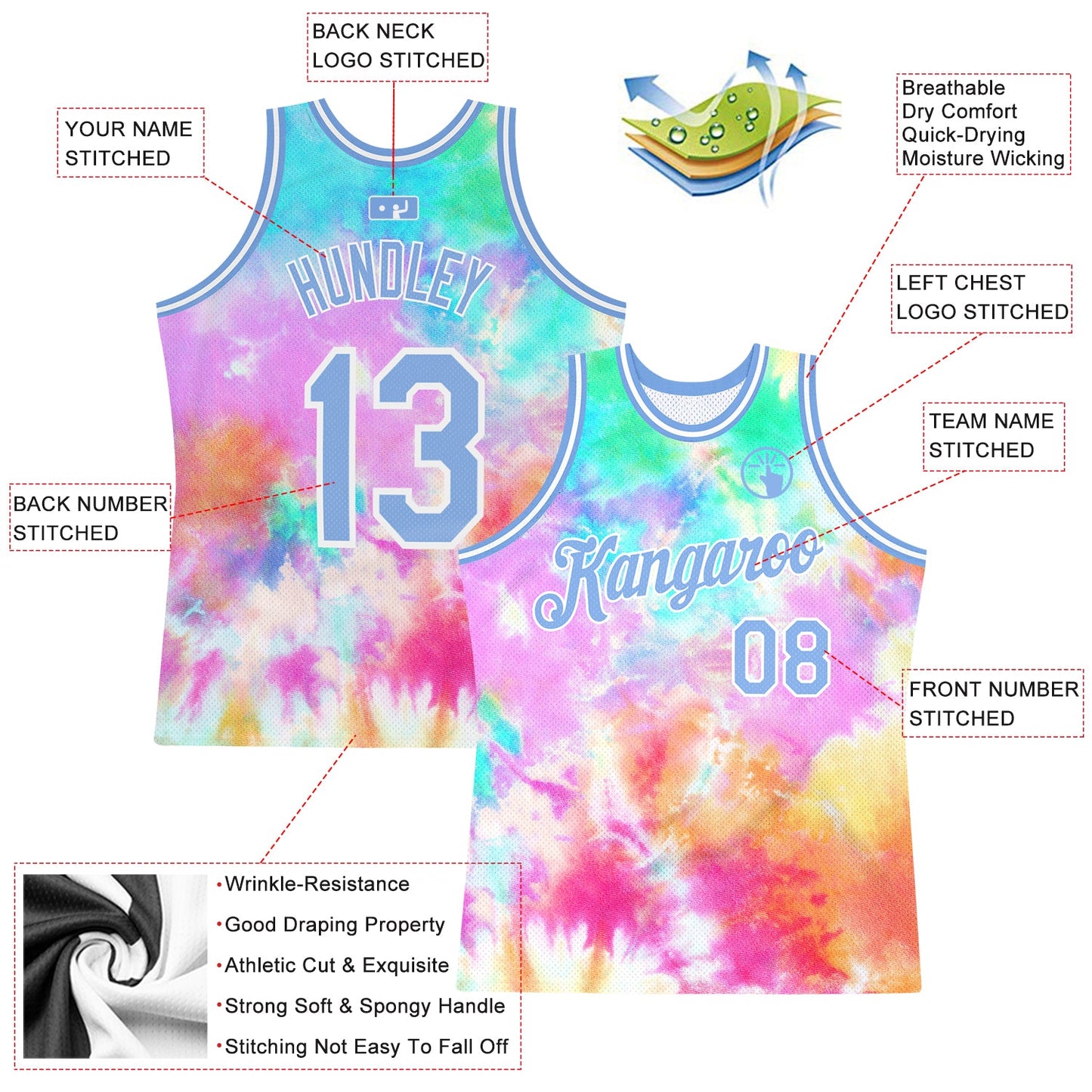 Custom Tie Dye Light Blue-White 3D Authentic Basketball Jersey view 2