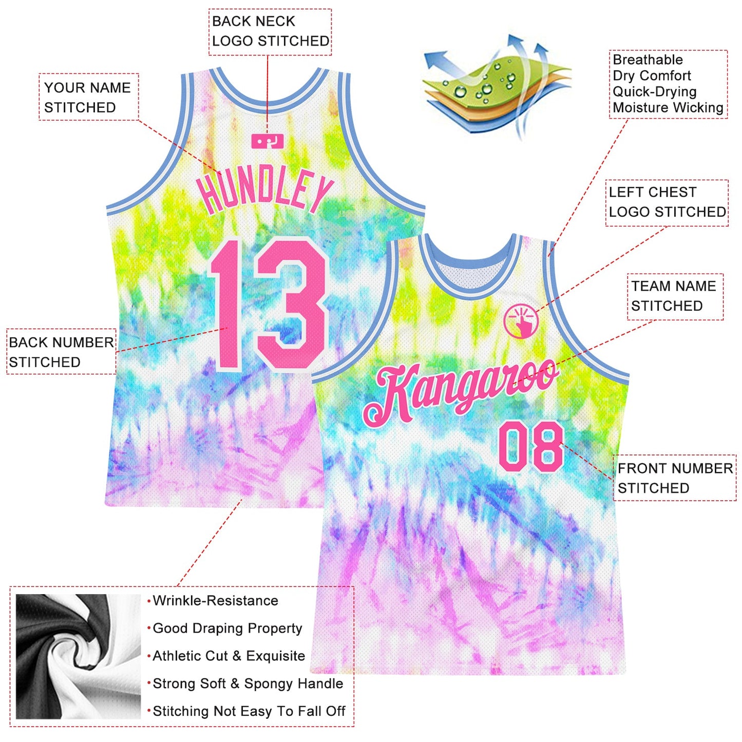 Custom Tie Dye Pink-White 3D Authentic Basketball Jersey view 2