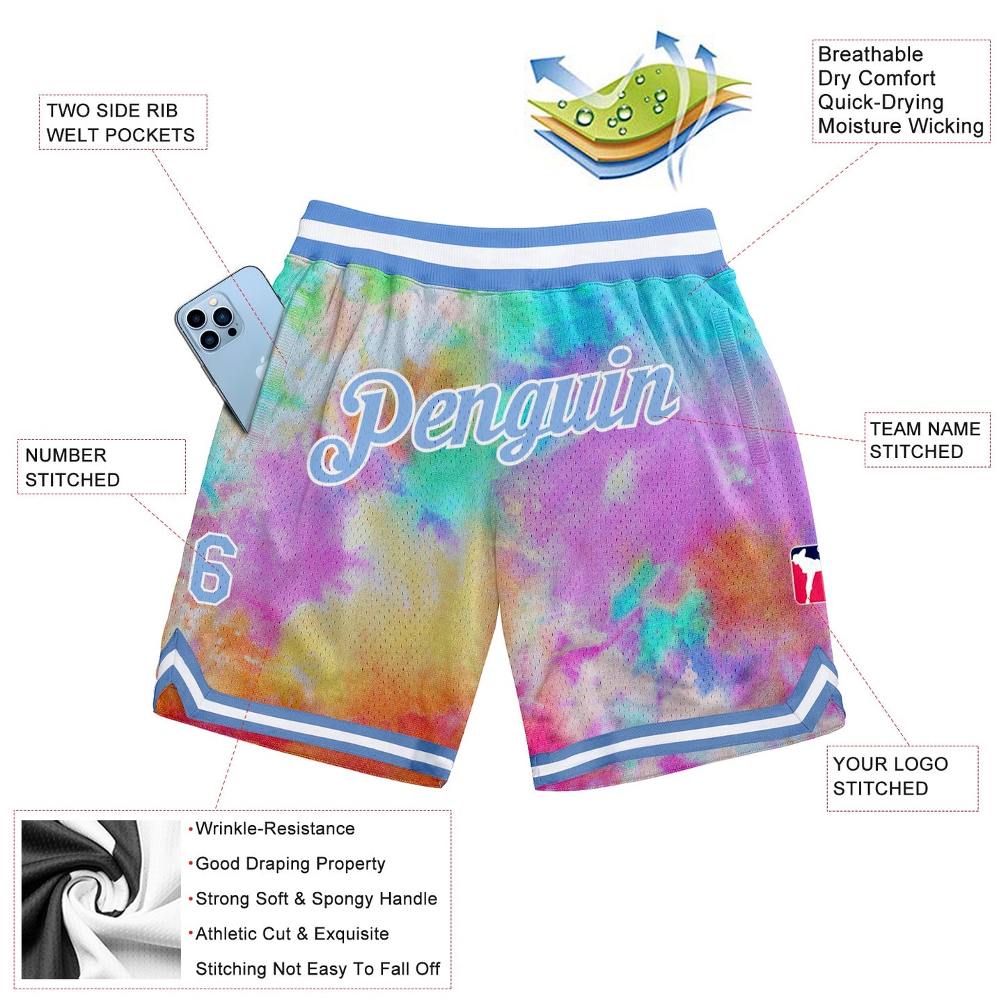 Custom Tie Dye Light Blue-White 3D Authentic Basketball Shorts view 2