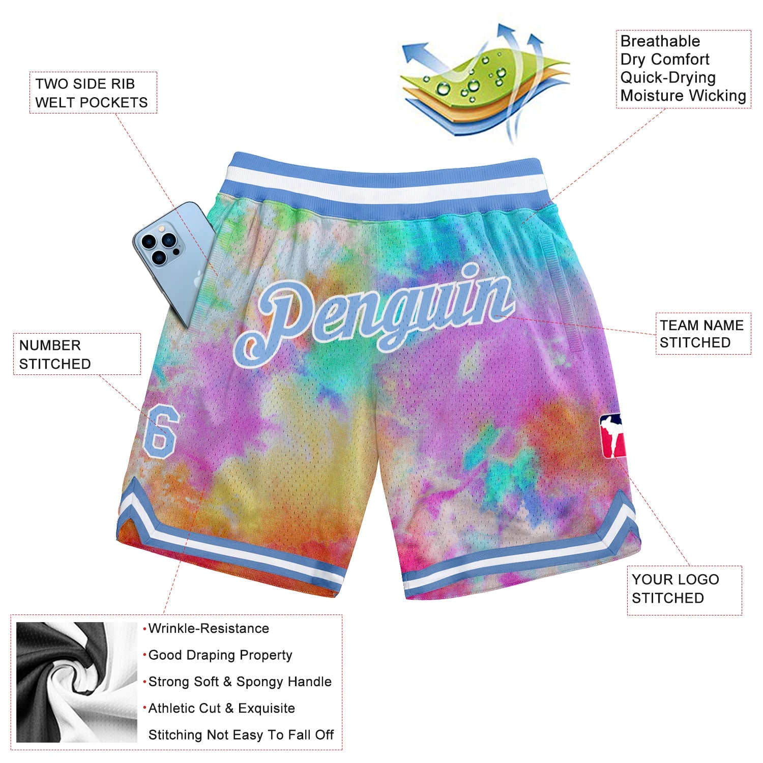 Custom Tie Dye Light Blue-White 3D Authentic Basketball Shorts view 2