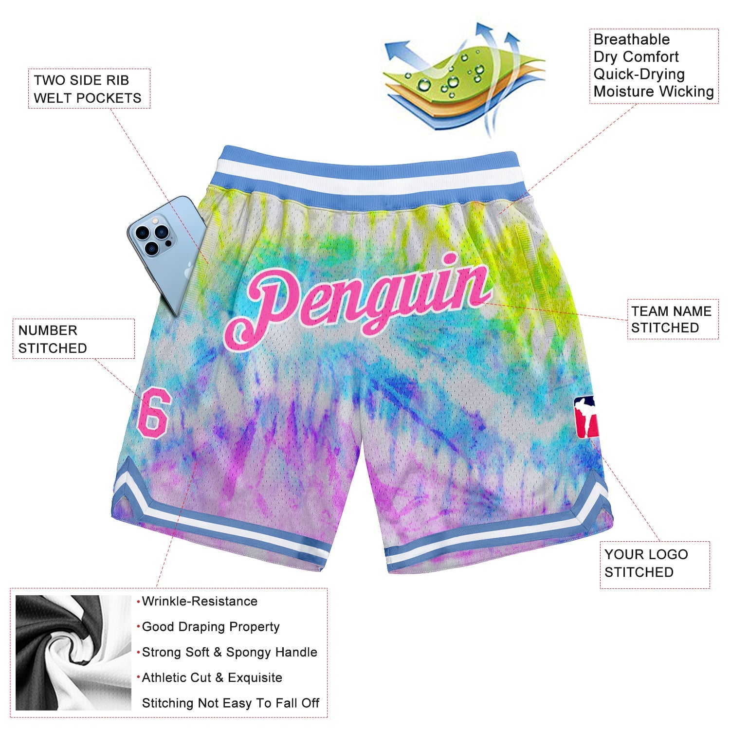 Custom Tie Dye Pink-White 3D Authentic Basketball Shorts view 2