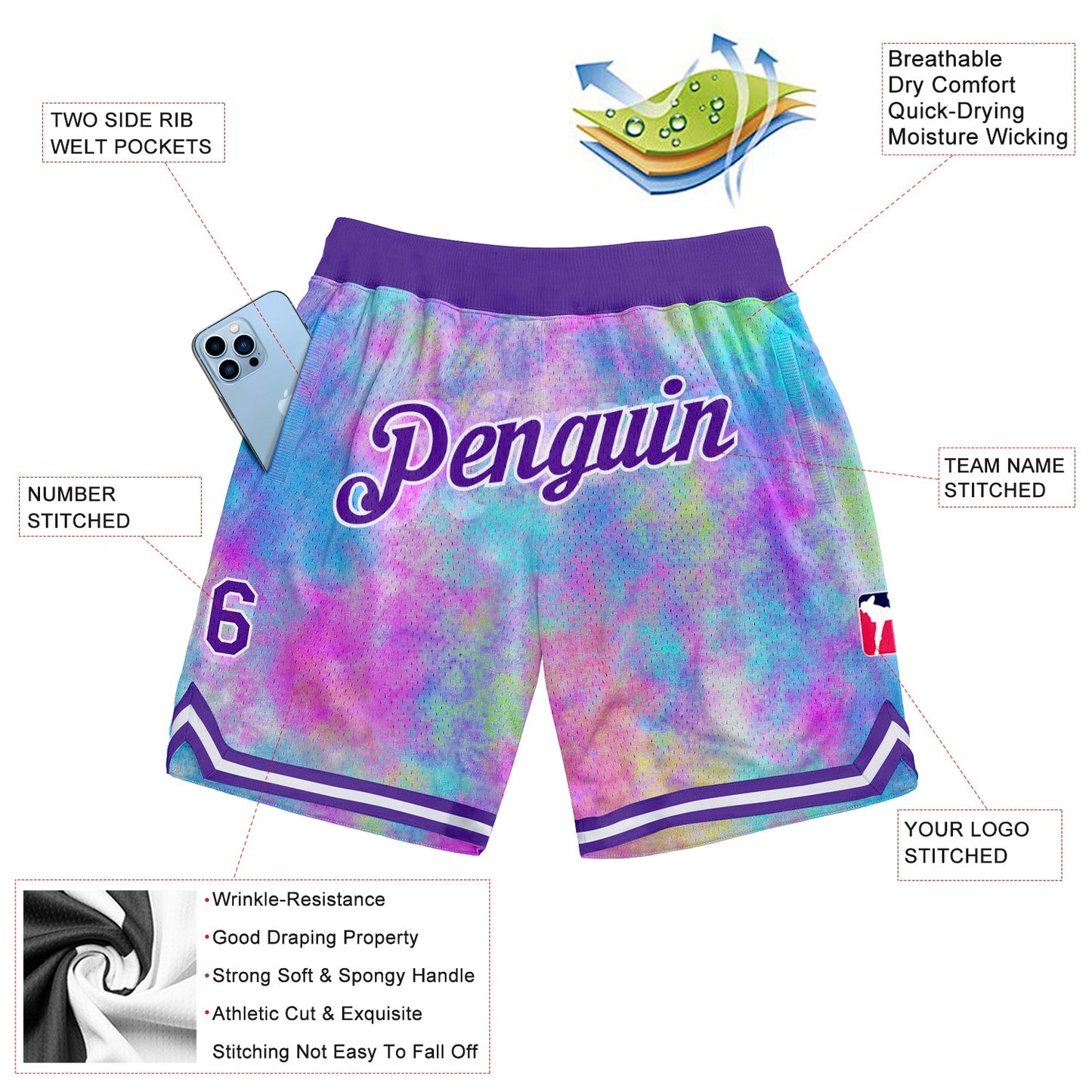 Custom Tie Dye Purple-White 3D Watercolor Gradient Authentic Basketball Shorts view 2
