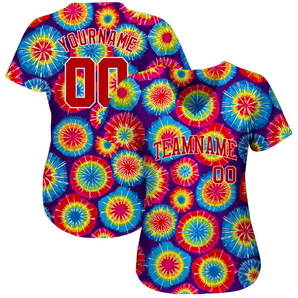 Custom Tie Dye Red-White 3D Authentic Baseball Jersey view 2