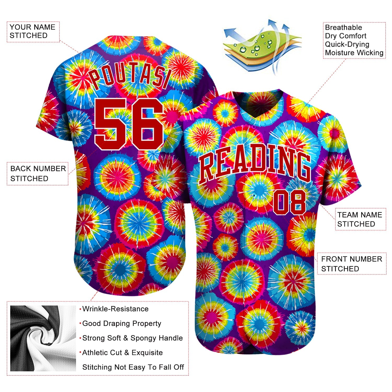 Custom Tie Dye Red-White 3D Authentic Baseball Jersey view 3