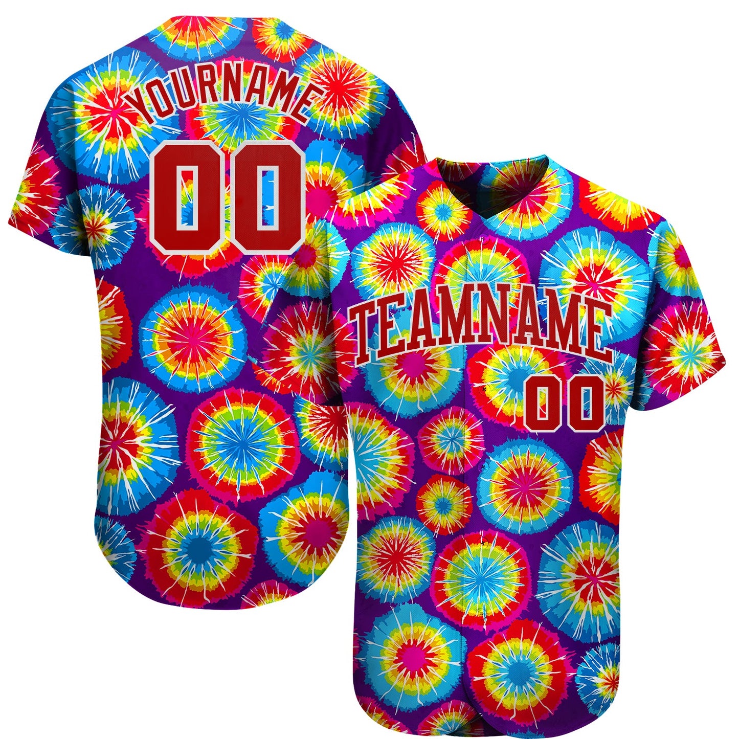 Custom Tie Dye Red-White 3D Authentic Baseball Jersey - Main View