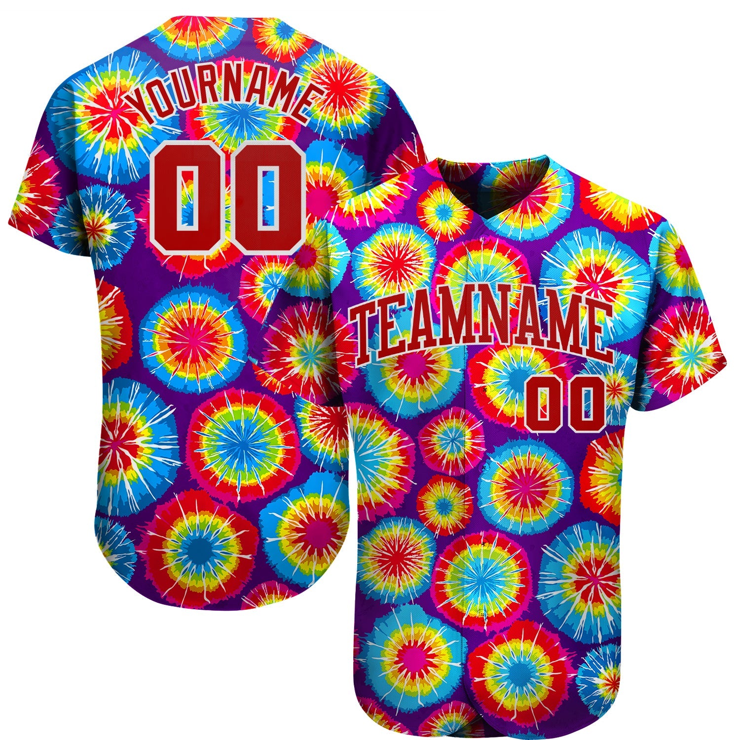 Custom Tie Dye Red-White 3D Authentic Baseball Jersey - Main View
