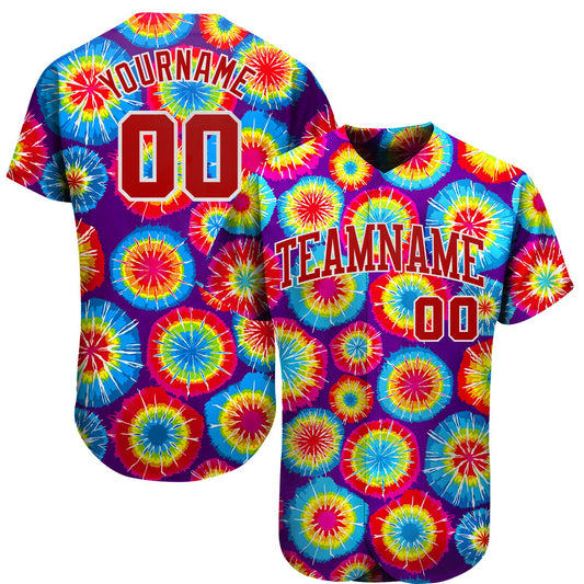 Custom Tie Dye Red-White 3D Authentic Baseball Jersey - Main View