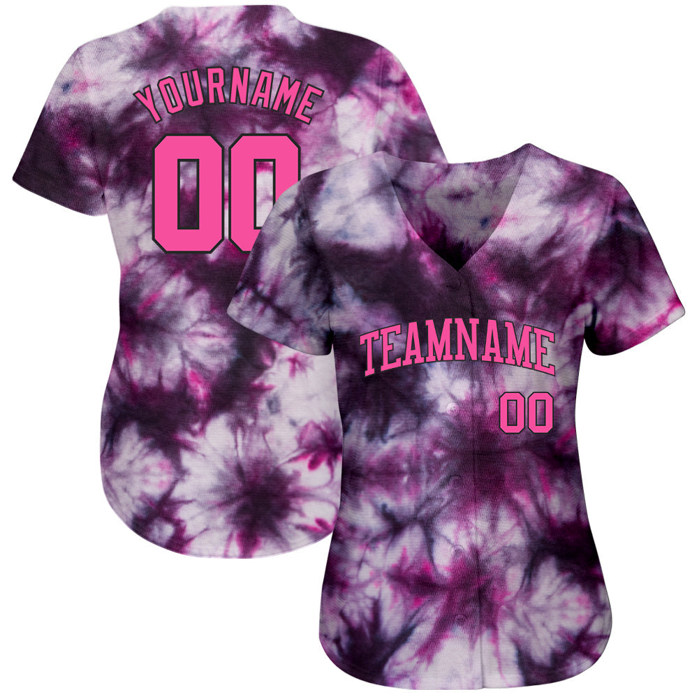 Custom Tie Dye Pink-Black 3D Authentic Baseball Jersey view 2