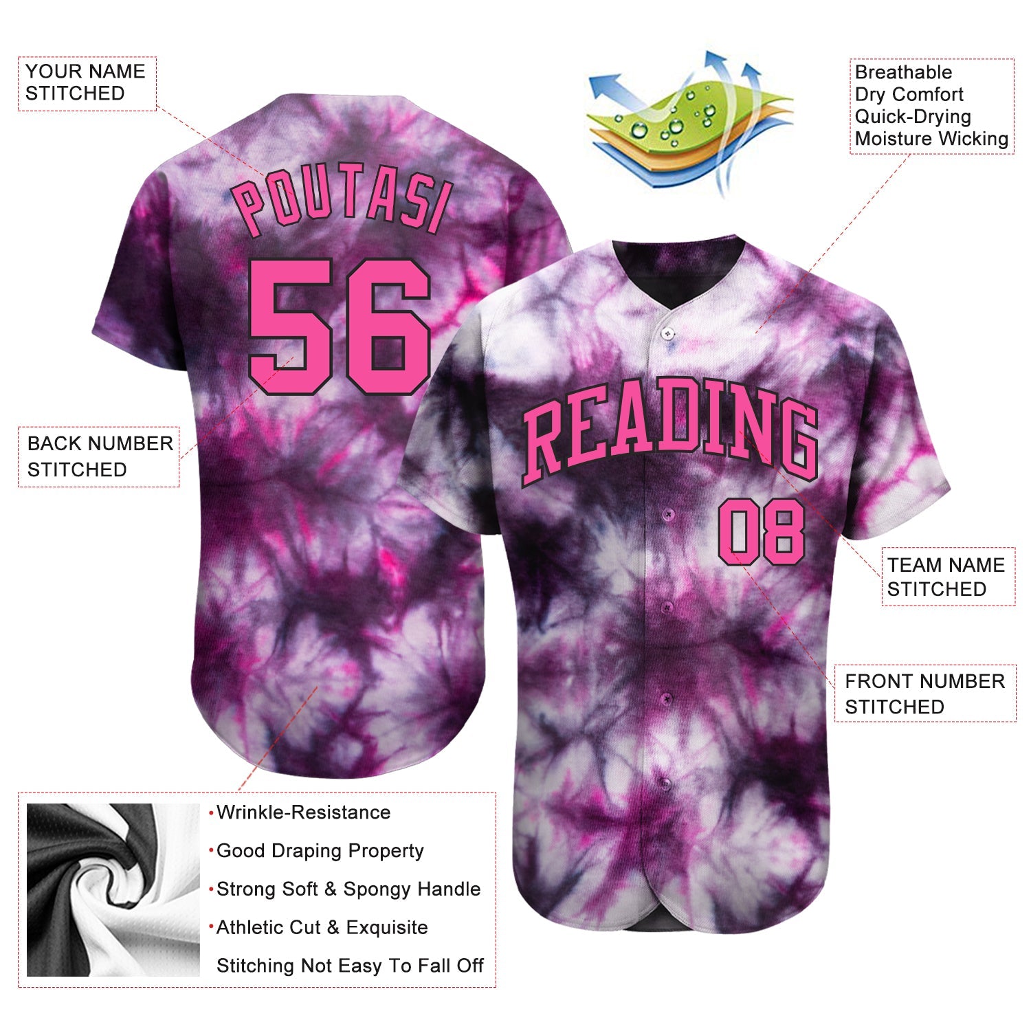 Custom Tie Dye Pink-Black 3D Authentic Baseball Jersey view 3