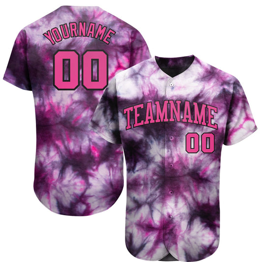 Custom Tie Dye Pink-Black 3D Authentic Baseball Jersey - Main View