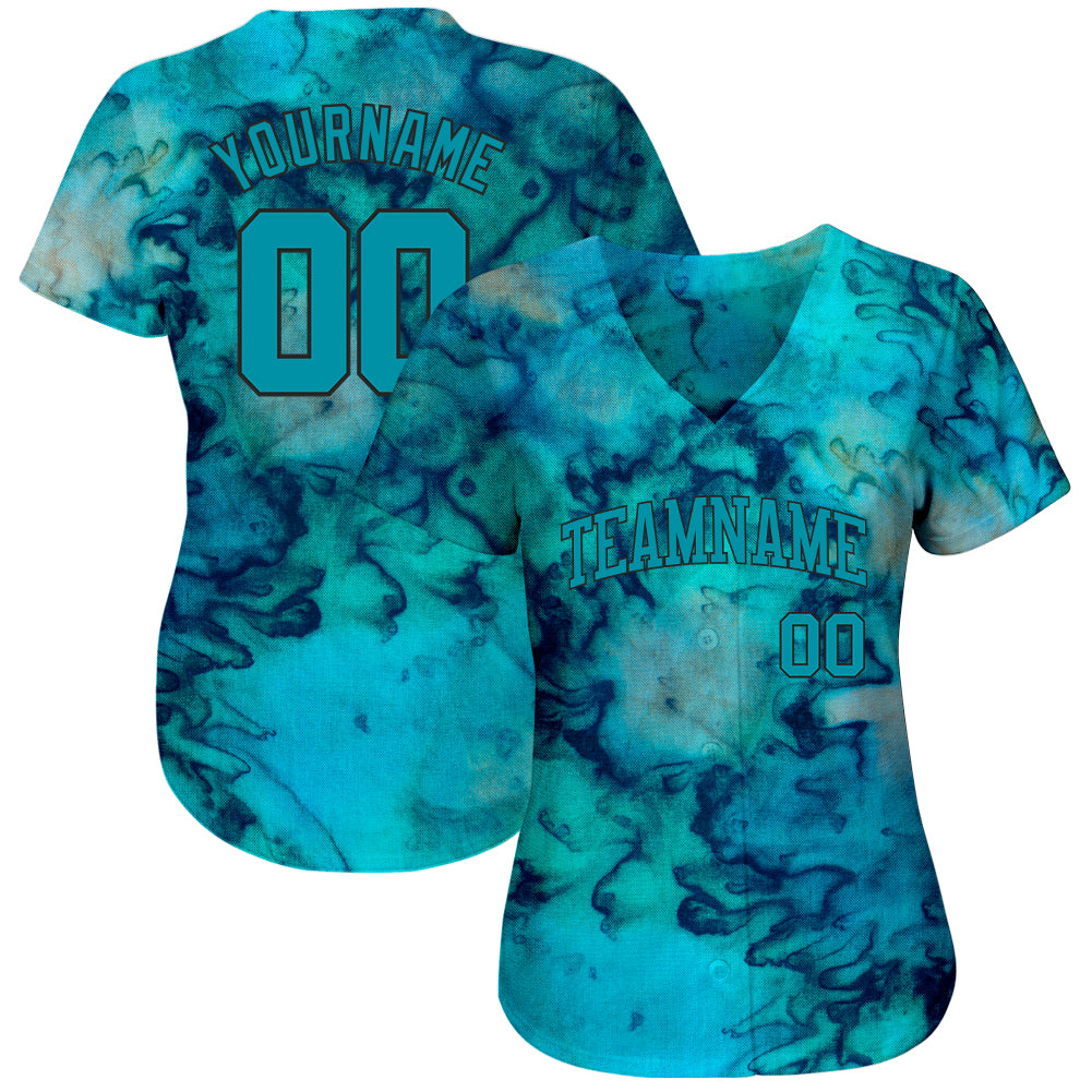 Custom Tie Dye Teal-Black 3D Authentic Baseball Jersey view 2