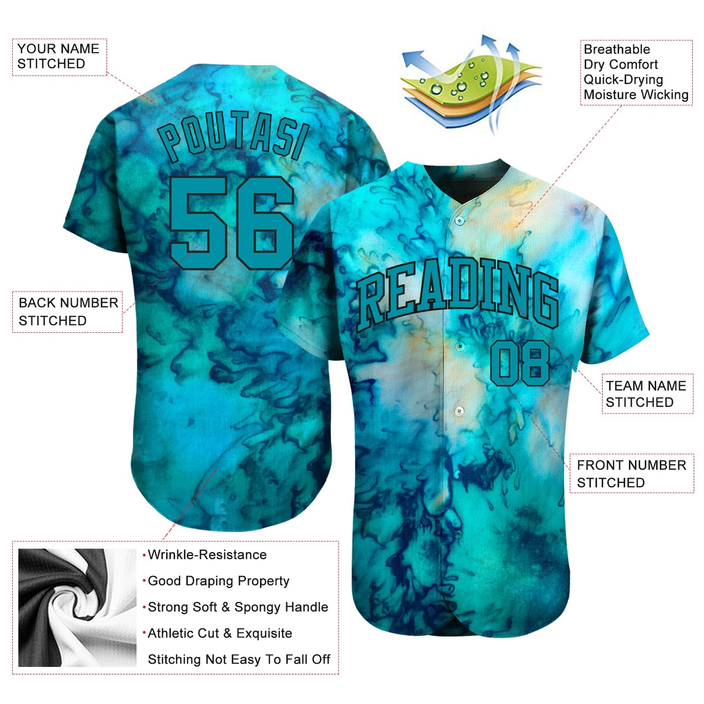 Custom Tie Dye Teal-Black 3D Authentic Baseball Jersey view 3